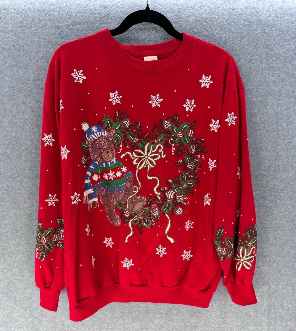 VTG Holiday Time 90s Womens M Oversized Tacky Christmas Bear Sweatshirt Wreath